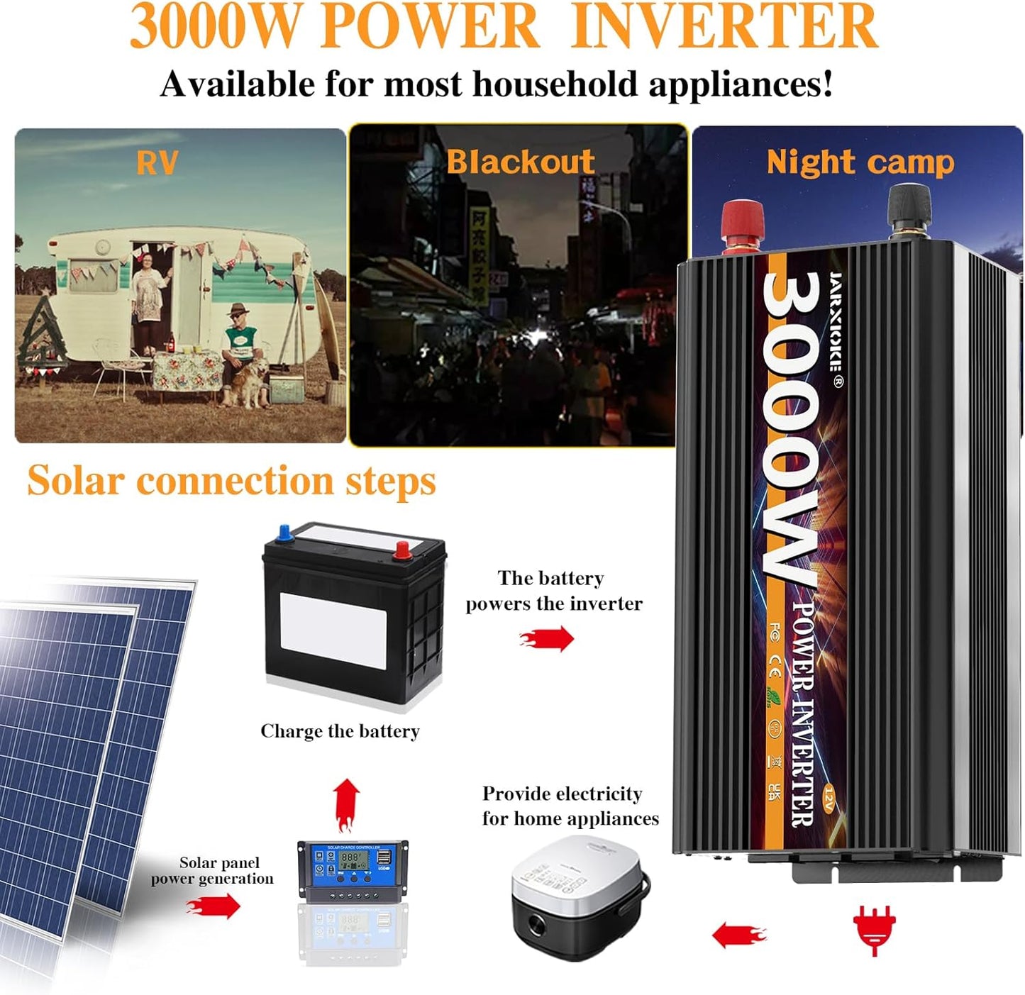 3000W Power Inverter 12V DC to AC 110V/120V (Peak) 6000W Converter 3 sockets car Inverter with Remote Control and LED Display 3.4A USB Port