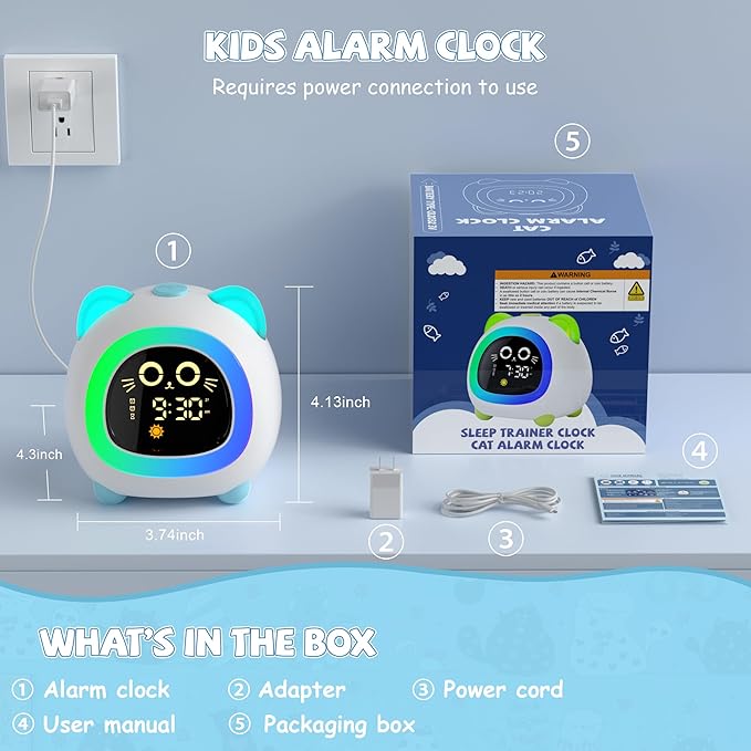 winshine Kids Alarm Clock Cat, OK to Wake Clock with Night Light for Kids, Stay in Bed Clock Sleep Training, Nap Timer, Cute Kids Room Decor, Gift Ideas for Kids Toddler Boy Girl (Blue)