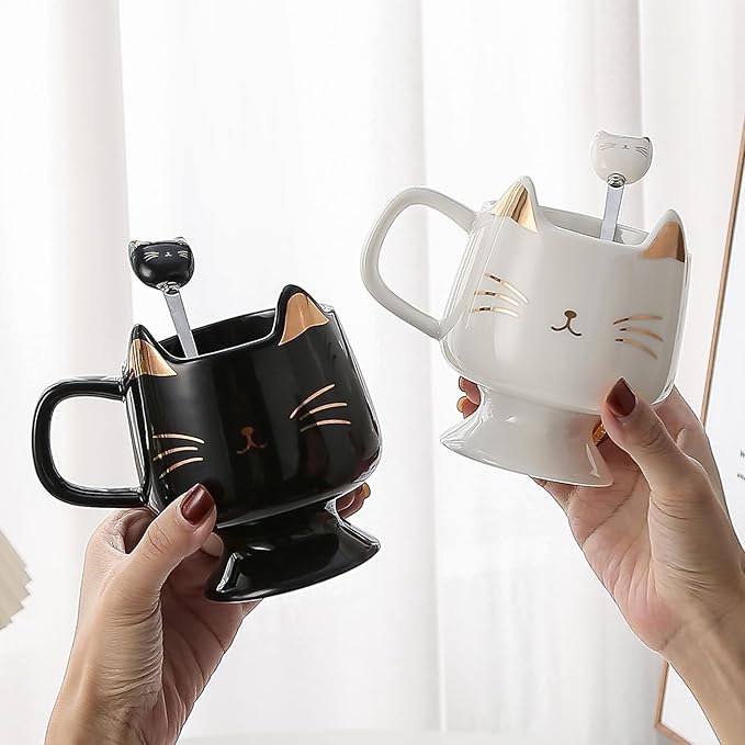 Yuwu Ceramic Coffee Mug, Cute Cat Tea Mug with Spoon, Funny Gifts for Women Girls for cat lovers (White)
