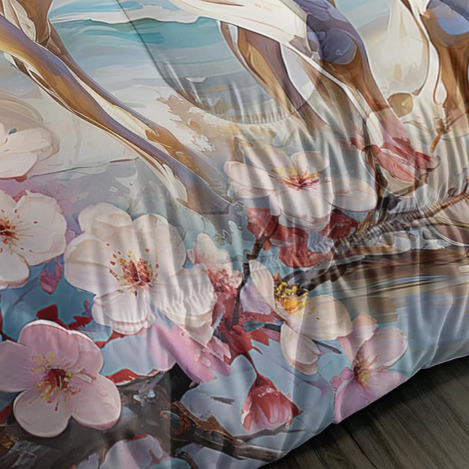 Western Farmhouse Horse Comforter Set,Pink Cherry Blossoms Bedding Sets for Kids Teens Girls Room Decoration,Coastal Beach Theme Bedding Queen Size Comforter Sets for Girls with 2 Pillowcases.