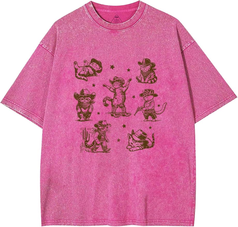 Y2K Oversized Graphic Tees for Women -Cowboy Cats Acid Washed Vintage Unisex Tee Short Sleeve Streetwear Tops