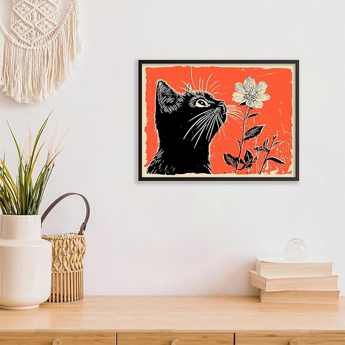 Black Cat Posters Vintage Animal Botanical Wall Art Cute Cat Sniffing Flower Canvas Painting Gift For Cat Lover 08x10 inch Black Framed Living Room Gallery Wall Decor