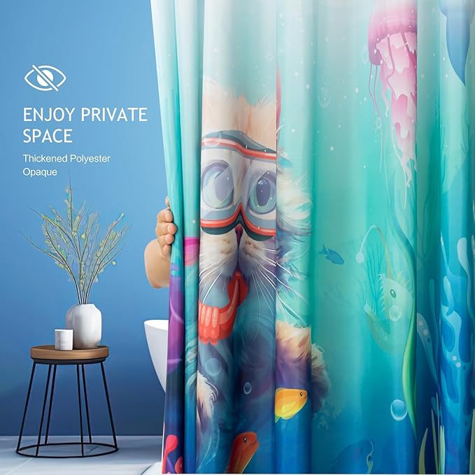 Vimorco Diving Cat Shower Curtain, Funny Cat Shower Curtains for Bathroom, Waterproof Quick-Dry Polyester Fabric Shower Curtain, Dolphin Jellyfish Ocean Bathroom Set, Bath Curtain Decor,72''x 72''