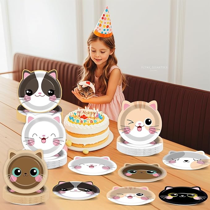 ZOIIWA 48Pcs Cat Theme Birthday Party Supplies Cartoon Kitten Paper Dinner Plates Disposable Cat Shaped Tableware Dinnerware Set for Kids Girls Birthday Baby Shower Party Table Decoration Favors