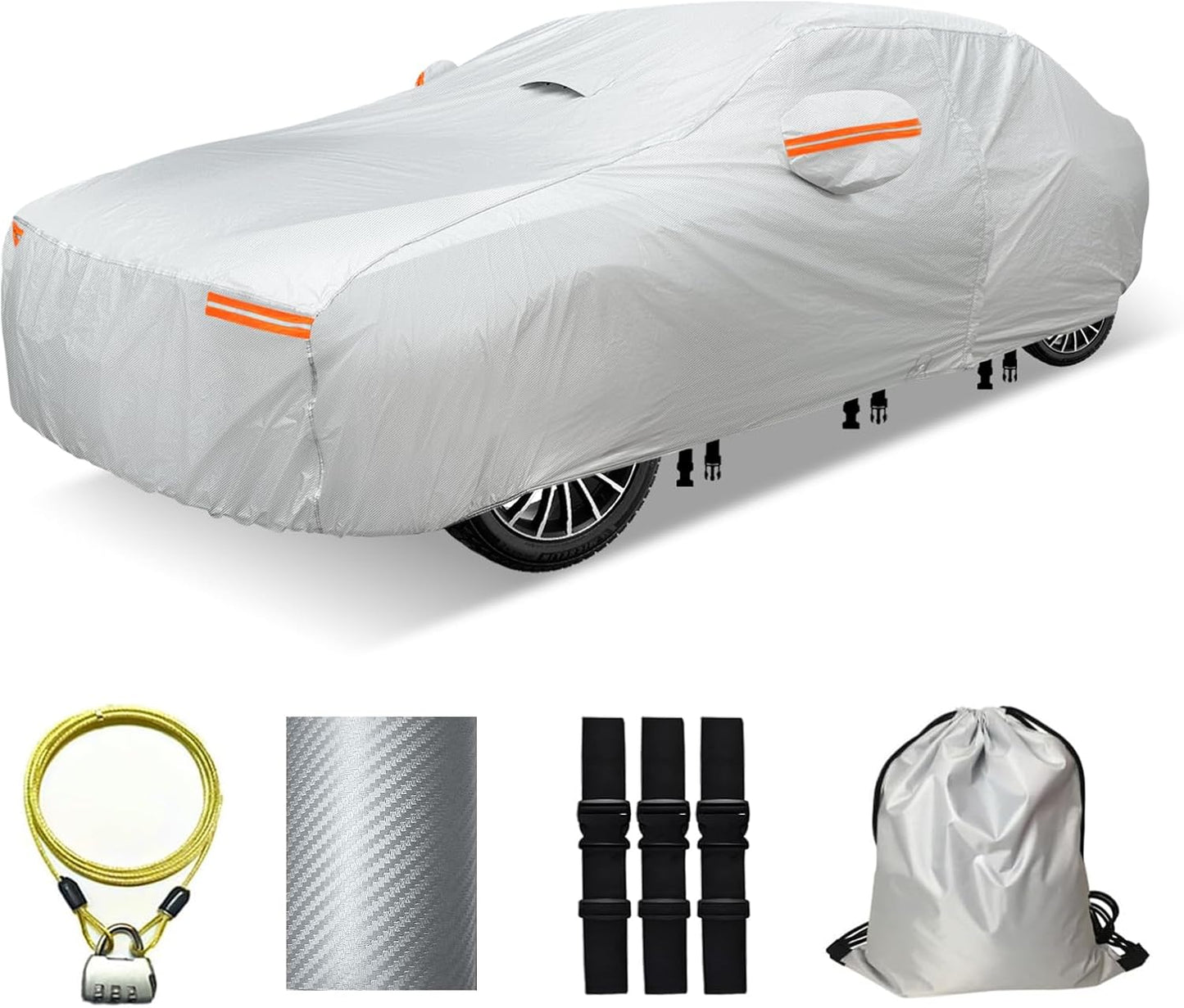 30 Layers Car Cover for Automobiles All Weather Waterproof, Outdoor Snowproof UV Protection Windproof, Door Zipper, Soft Cotton, Heavy Duty Universal Car Covers, (Silver, Fit Sedans 191"-200")