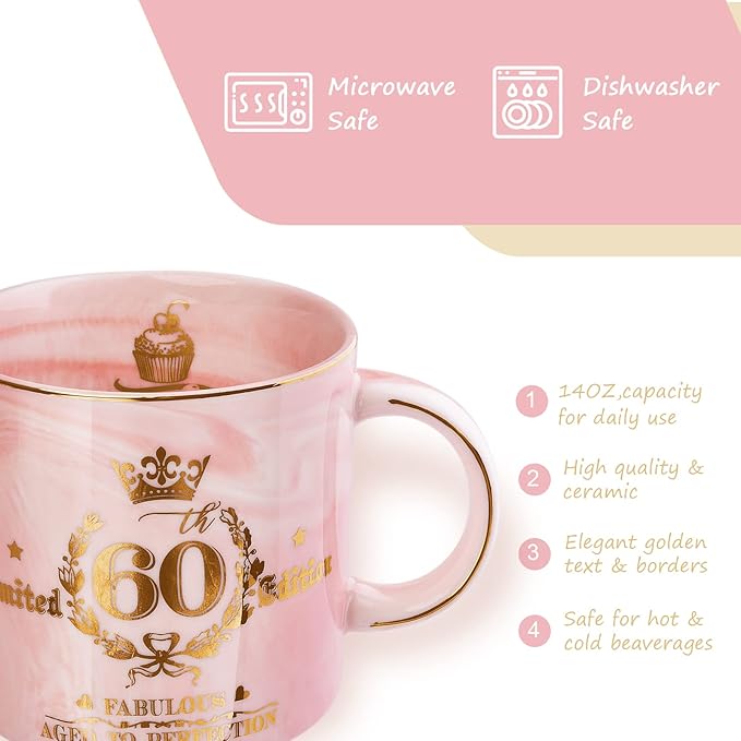 60th Birthday Gifts for Women - Fabulous 1965 Aged to Perfection Happy Birthday Mug - Limited Edition 60th Pink Coffee Mug Printed with Gold, Gift Idea for Turning 60 Years Old Women, Gift Boxed