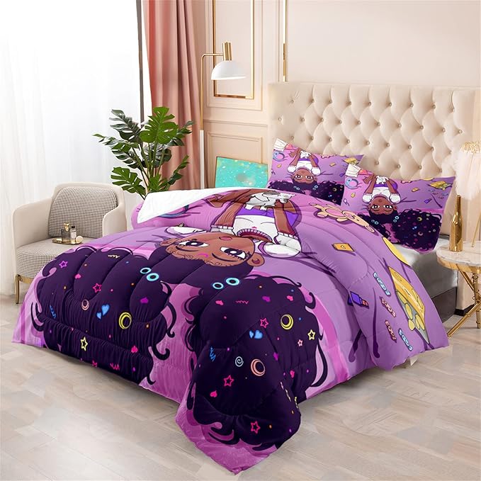 Black Girls Comforter Set for Teen Kids Adults African American Queen Size Bedroom Cute Bedding Set 1 Comforter 2 Pillowcases