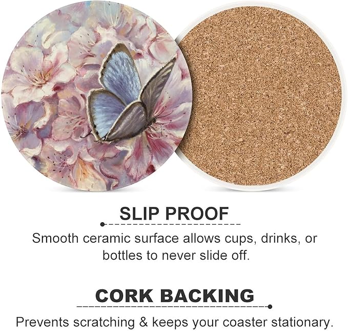 Butterfly Coasters for Drinks Pink Flower Background Set of 4, 4 Inch Absorbent Ceramics Flower Coasters for Coffee Table with Cork Base, Tabletop Protection、