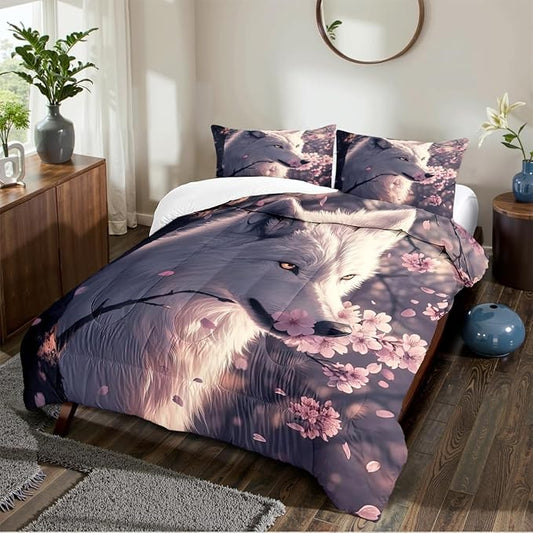White Wolf Bedding Full Size Grey Pink Cherry Blossom Comforter Set Wildlife Wolves Safari Animal Bedding for Kids Girls Boys Teens, Soft Lightweight Comforter Sets 3Pcs