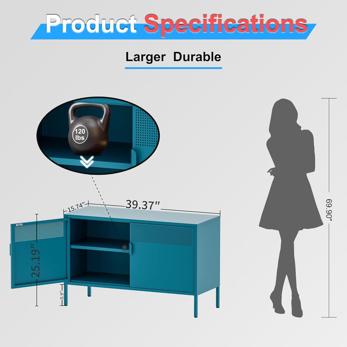 2 Door Storage Sideboard, Metal Storage Cabinet with 2 Adjustable Shelf,Multipurpose Metal Accent Cabinet for Office Home,Music Studio (Peacock Blue, 25''H)