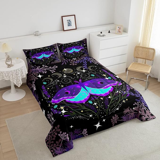 Butterfly Bedding Sets Black Purple Stars Moon Phase Comforter Set Twin Hippie Galaxy Botanical Bedding Comforter Set For Kids Girls Teen Women Trippy Wild Lavender Bed Quilt Room Decor 1 Pillowcase