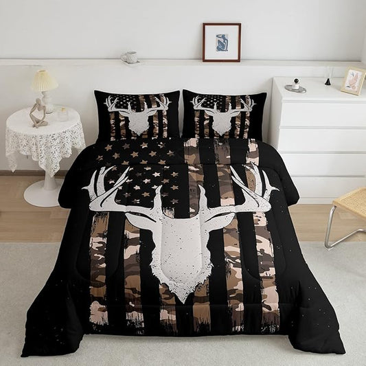 Camouflage American Flag Comforter Set, Hunting Antler Bedding Comforter Sets Brown Black Camo Striped Bedding King Size for Kids Boys Teens Adult Women, Rustic Woodland Animal Duvet Insert