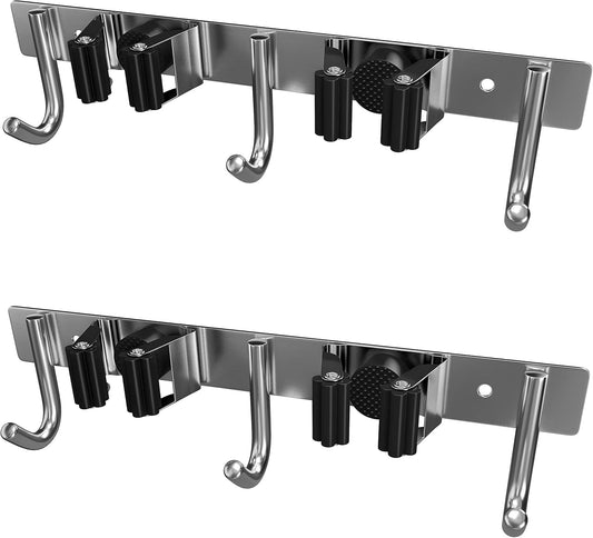 Heavy Duty Broom and Mop Holder Wall Mounted with 2 Rubber Grip Slots & 3 Utility Hooks – SUS304 Stainless Steel, Waterproof, Self Adhesive or Drill Mount, for Garage, Laundry, Kitchen Use, 2 Pcs