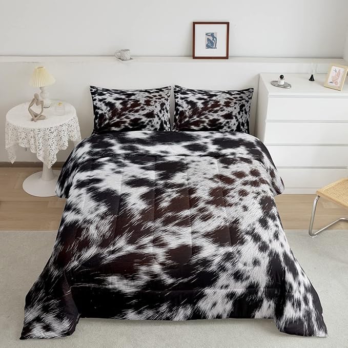 Western Brown Cowhide Comforter Set,Aztec Black White Cow Print Bedding Set Full Rustic Farm Animal Down Comforter for Kids Boys Girls Men Women,Cowboy Cowhide Quilt Duvet Set Bedroom Decor 3 Pcs