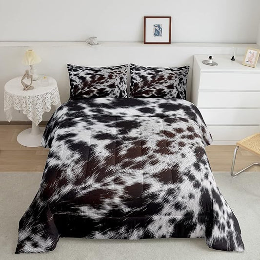 Western Brown Cowhide Comforter Set,Aztec Black White Cow Print Bedding Set Full Rustic Farm Animal Down Comforter for Kids Boys Girls Men Women,Cowboy Cowhide Quilt Duvet Set Bedroom Decor 3 Pcs