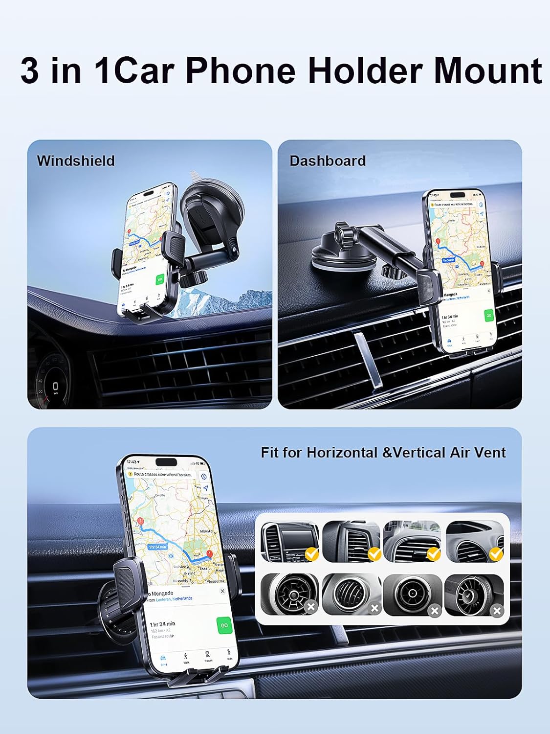 [Military-Grade 3-in-1 Purple Phone Holders for Your Car, [2025 Most Stable and Flexible Suction Cup] Vent Dashboard Windshield Cell Phone Mount Car Fit for All Phones, iPhone, Samsung