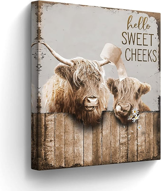 Bathroom Decor Canvas Wall Art Highland Cow Pictures Wall Decor Farmhouse Bathroom Cow Painting for Bathroom Toilet Country Cattle Prints Artwork Framed 16"x20"