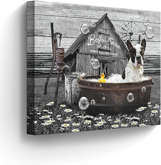 Boston Terrier in Bathtub Wall Art Funny Dog Pictures Wall Decor Farmhouse Bathroom Decor Painting for Bathroom Prints Black and White Artwork Framed 16"x20"