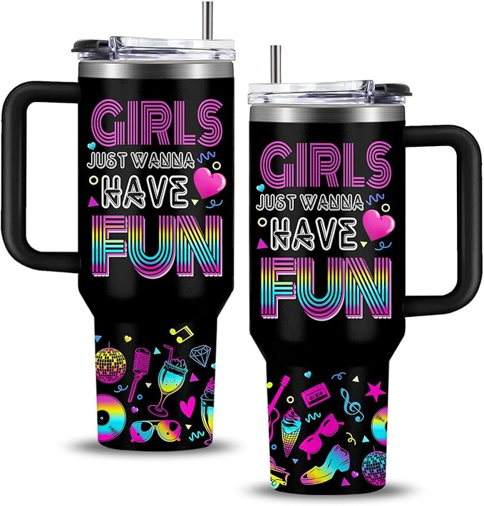 WWHSAl Girls Just Wanna Have Fun Neon Girl Tumbler 40oz with Handle, Funny Girls Night Bachelorette Party Slumber Party Pajama Partys Coffee Cup Trendy Gift for Teen Girl Birthday