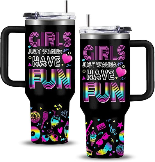 WWHSAl Girls Just Wanna Have Fun Neon Girl Tumbler 40oz with Handle, Funny Girls Night Bachelorette Party Slumber Party Pajama Partys Coffee Cup Trendy Gift for Teen Girl Birthday