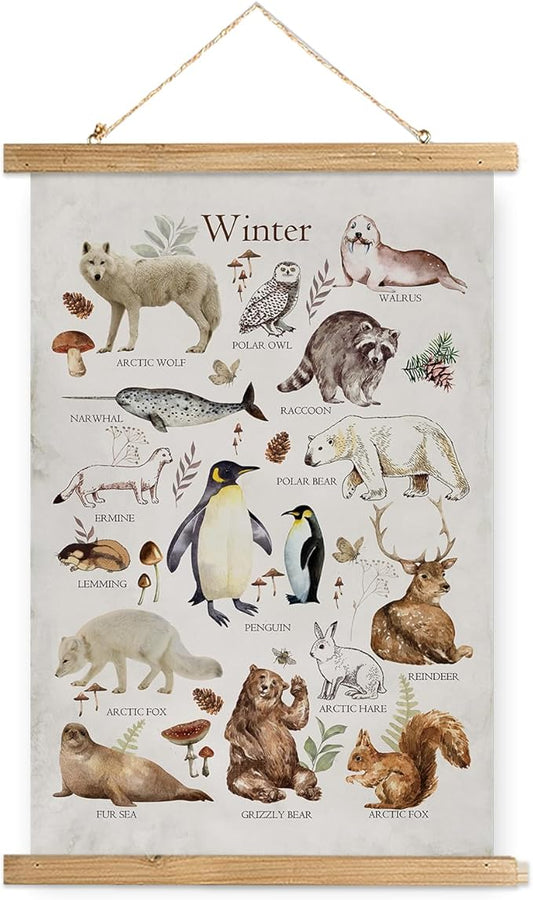 XIAOAIKA Winter Wildlife Educational Poster - Illustrated Arctic Animals Chart with Wooden Frame - Seasonal Nature Wall Art for Classroom, Home, or Nature Center 12 x 16 Inches