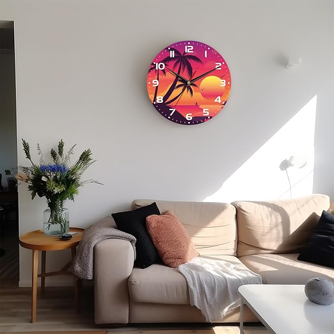 Wall Clock, 10 Inch Silent Non-Ticking Home Kitchen Decor, Battery Operated for Bathroom Bedroom Living Room Office(Tropical Palm Sunset)