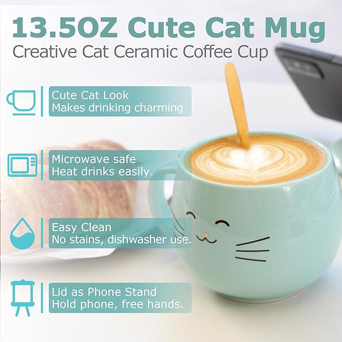 Yuwu Cat Ceramic Coffee Mug with Spoon & Lid, 13.5 oz Novelty Mug with Phone Stand Lid, Cute Tea Cup for Women & Cat Enthusiasts (Blue)