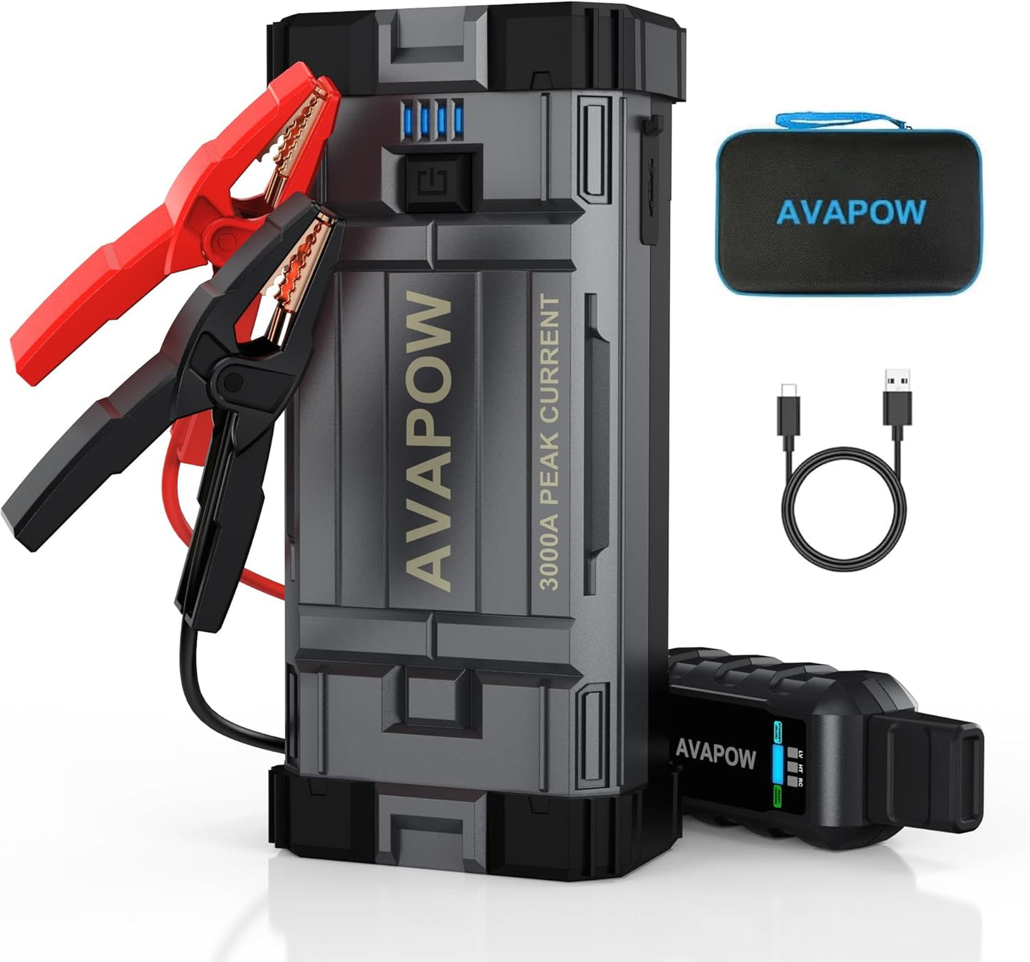 AVAPOW Car Battery Jump Starter 3000A Peak, Jumpstart with Force Start Function, Portable Starters for Up to 8L Gas 8L Diesel Engine with Booster Function,12V Lithium Jump Charger Pack Box