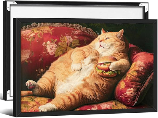 Victorian Renaissance Canvas Poster Funny Fat Cat With Hamburger Wall Art Lying In Sofa Cute Cat Painting Wall Decor 16x24 inch Black Framed for Animal Lover Gift