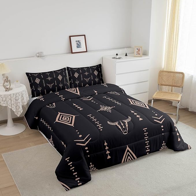 Bull Skull Comforter Set Queen Boho Bedding Ethnic Horns Bohemian Bedding Comforter Sets Black Brown Tribal Symbol Mysterious Aztec Bedroom Decor Abstract Geometric Duvet Insert for Men Boys