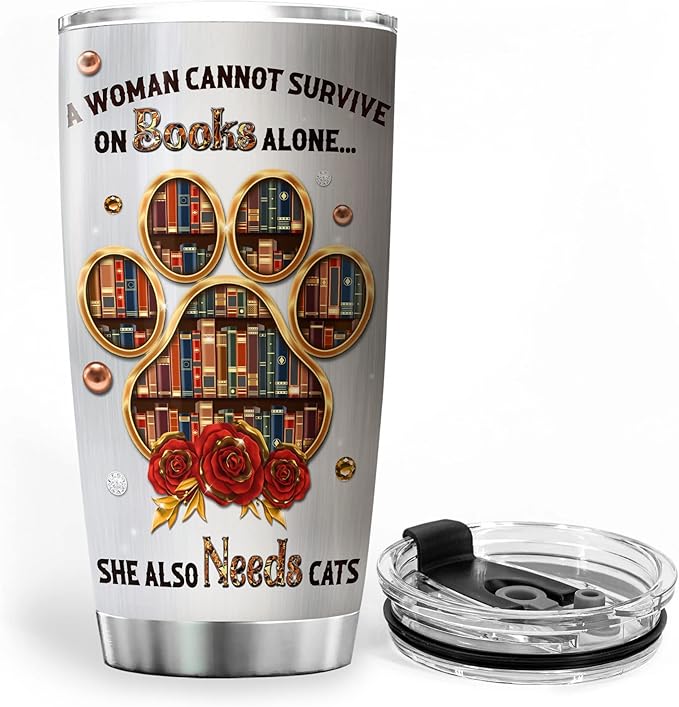 ZOXIX Stainless Steel Cat Lover's Tumbler, 20 oz, Insulated Coffee Mug with Lid, Bookish Reading Gift for Girls