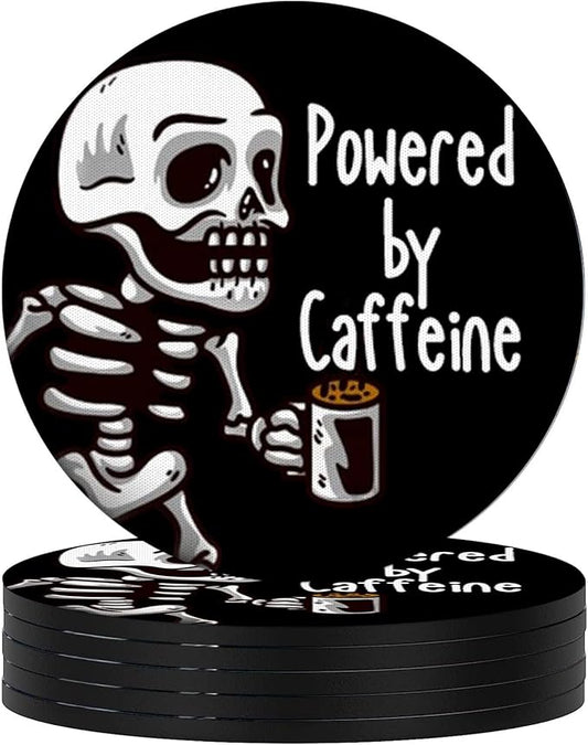 Swooflia Coasters for Drinks Coffee Table, Skull Coffee Powered Funny Black Silicone Absorbent Cup Coaster Set Housewarming Kitchen Home Wooden Desk Office Bar Tabletop Decor 6 Pack