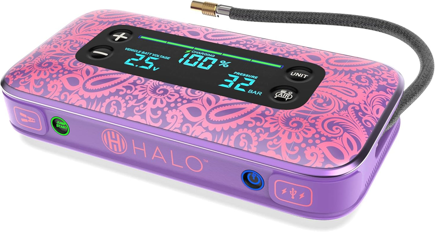 HALO Bolt Air+ 1750 Portable Car Battery Jump Starter | 130 PSI Air Compressor, 59.9Wh USB Power Bank, Large Display, Emergency Floodlight & Charger, Jumps Cars SUVs & Trucks, Inflates Tires — Purple