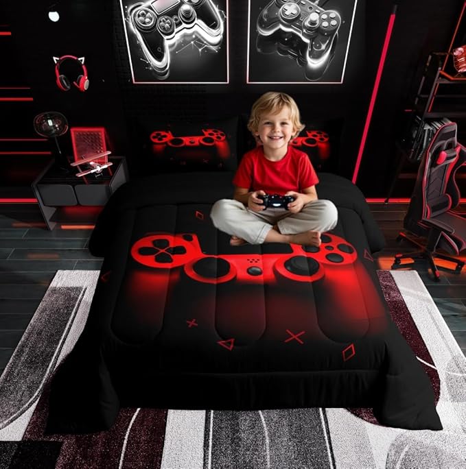 Boys Gamer Comforter Set Queen Size,Gamepad Bedding Set Kids Young Man Video Games Down Comforter for Teen Child Game Room Decor Black Red Classic Retro Gaming Quilted Duvet Set with Pillowcase