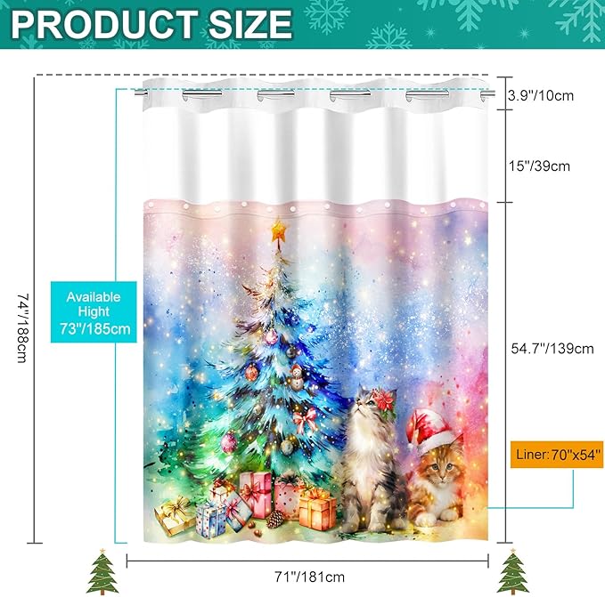 Vimorco No Hook Shower Curtain and Liner Set, 2 Interchangeable Patterns Shower Curtain with Snap (Christmas Tree Cat & Cute Diving Cat) Fabric Waterproof, 71x74 Inch, 2025 New