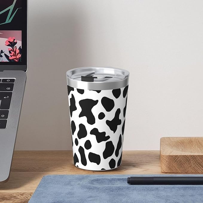 White Black 12 OZ Insulated Tumbler Mug with Lid Straw, Cow Print Double Wall Vacuum Insulated Travel Coffee Cup for Hot and Cold Drinks