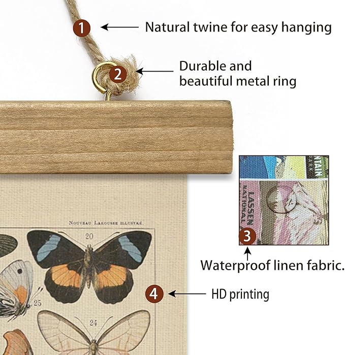 XIAOAIKA 3-Pack Vintage Educational Posters with Wooden Frames - Botanical, Butterfly, and Arboreal Illustrations, Nature-Themed Wall Art for Home and Classroom, 12x16 Inches