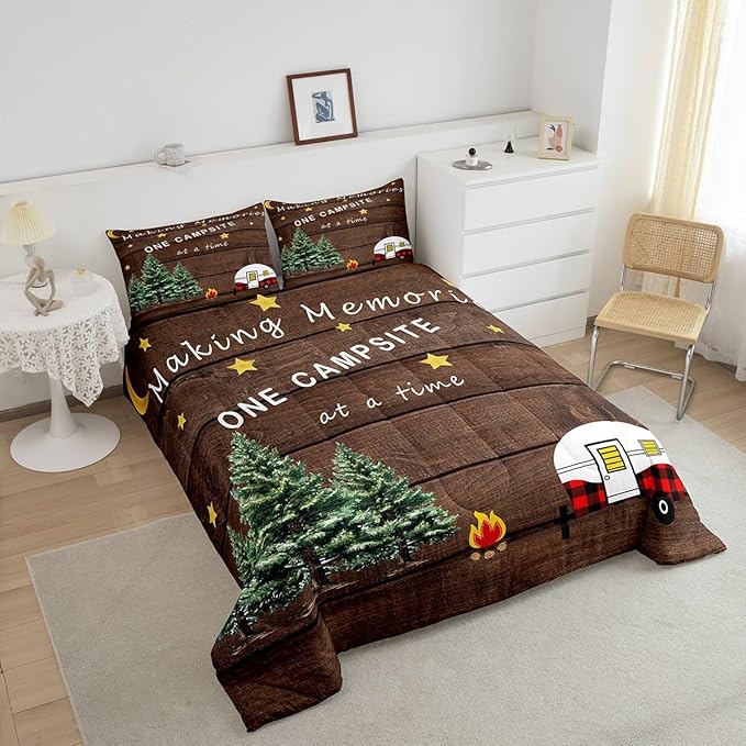 Camping Comforter King for Kids Boys Girls Adult Teens,Camper Bedding for Travel Trailers,Happy Camping Starry Sky Down Comforter Warm,Retro Barn Door Moon Stars Quilted Duvet with 2 Pillowcases
