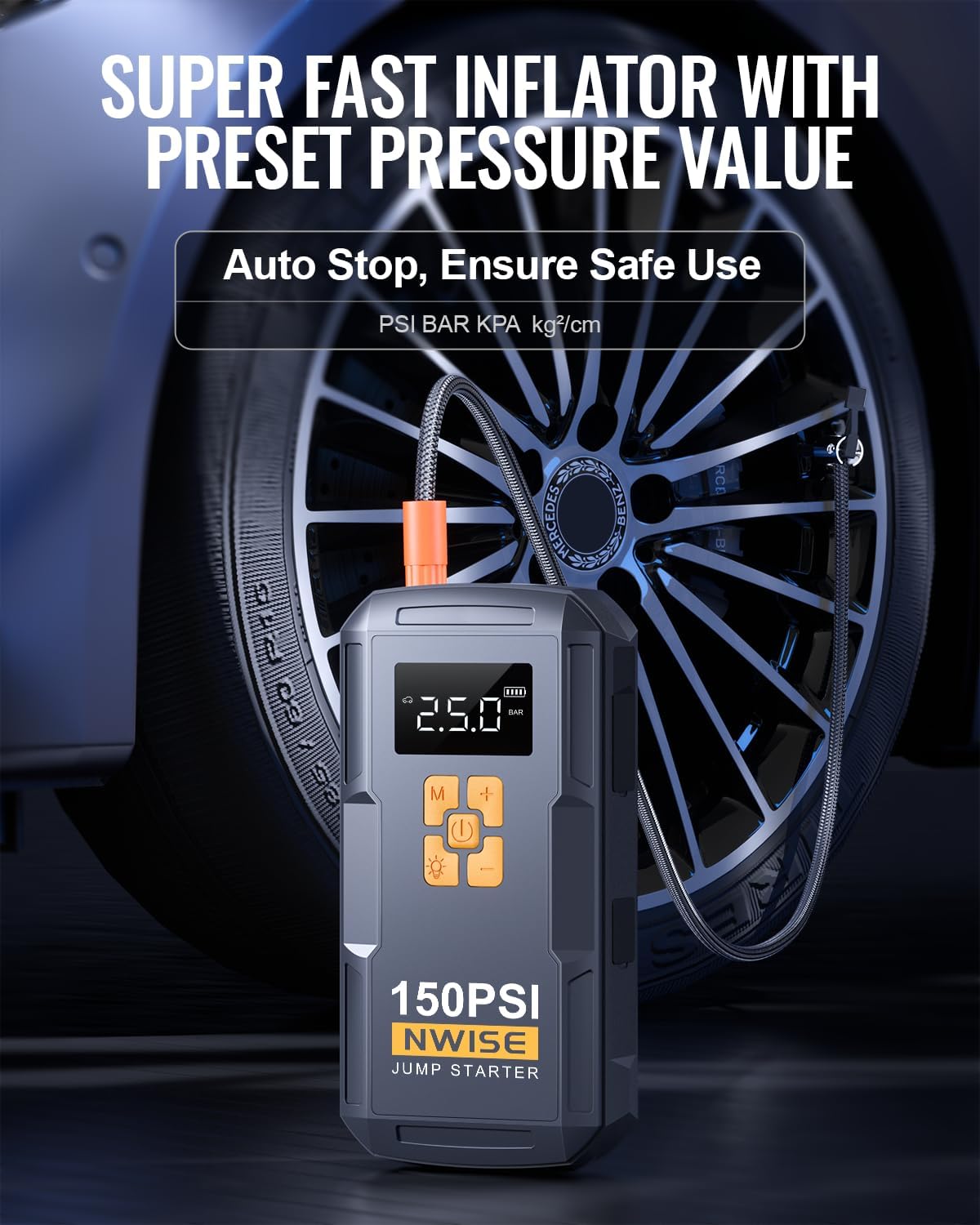 Portable Car Jump Starter with Air Compressor, 150PSI Jump Box Battery Pack with Digital Tire Inflator,12V Booster Pack with Large LCD Display, Emergency Light