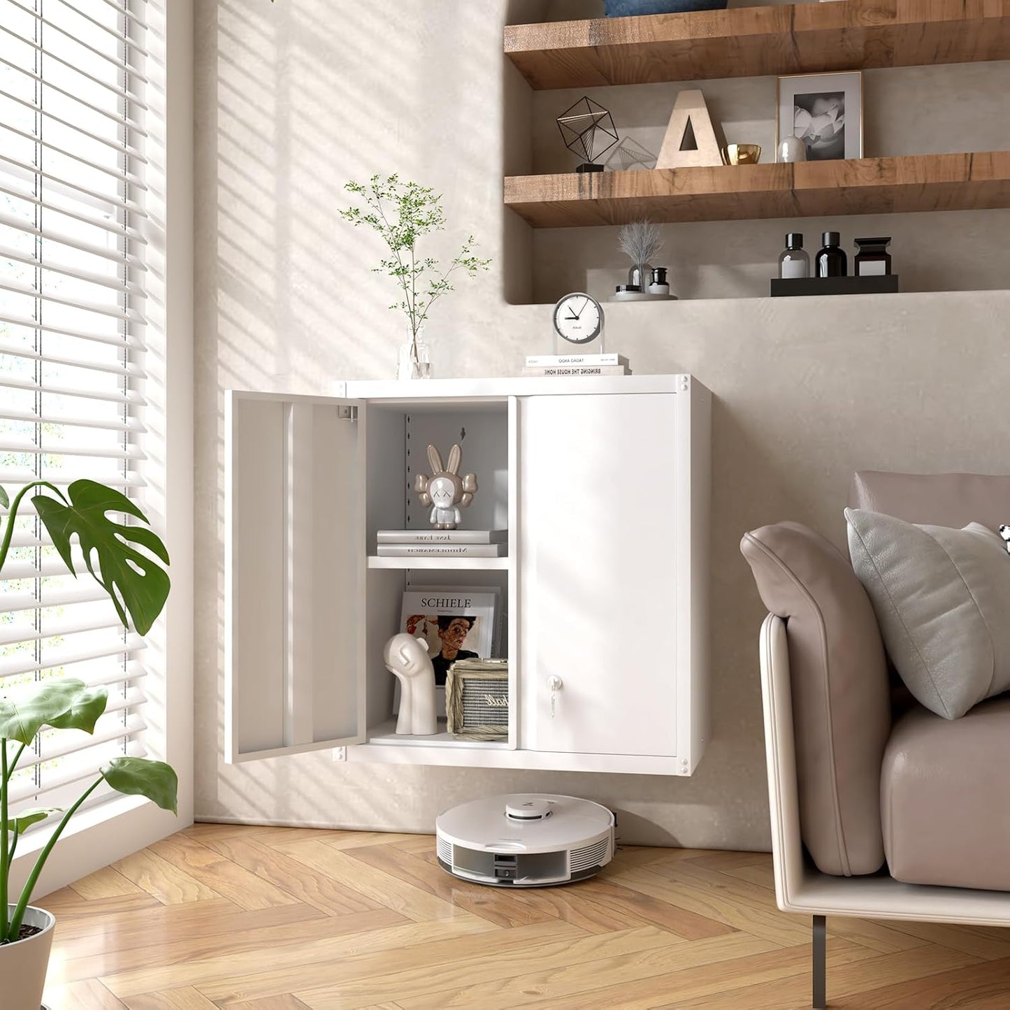 GREATMEET Metal Wall Cabinet, Wall Mounted Storage Cabinet with Lock for Garage Storage, White Floating Cabinet with Doors and Adjustable Shelf for Utility Room