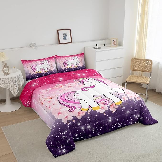 Unicorn Comforter Set Full Glitter Bedding Set Cherry Blossoms Duvet Insert Kids Cartoon Kawaii Animal Down Comforter Ombre Galaxy Stars Fantasy Girls Room Decor Quilt Set Aesthetic Pink Purple