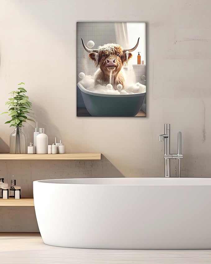 UPWOIGH Bathroom Wall Art, 12x16in Highland Cow Wall Decor,Waterproof Wood Framed Canvas Wall Art, Cute Funny Animal Bathing Abstract Prints,Modern Home Décor for Bedroom Classroom Farmhouse Gift