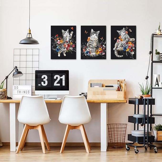 Canvbay 3 Pieces Cat Canvas Wall Art Black and White Animal Pet with Colorful Flower Butterfly Painting Pictures Cute Kitten Floral Print Poster for Girls Kids Room Decor Bedroom 12x16inchx3pcs