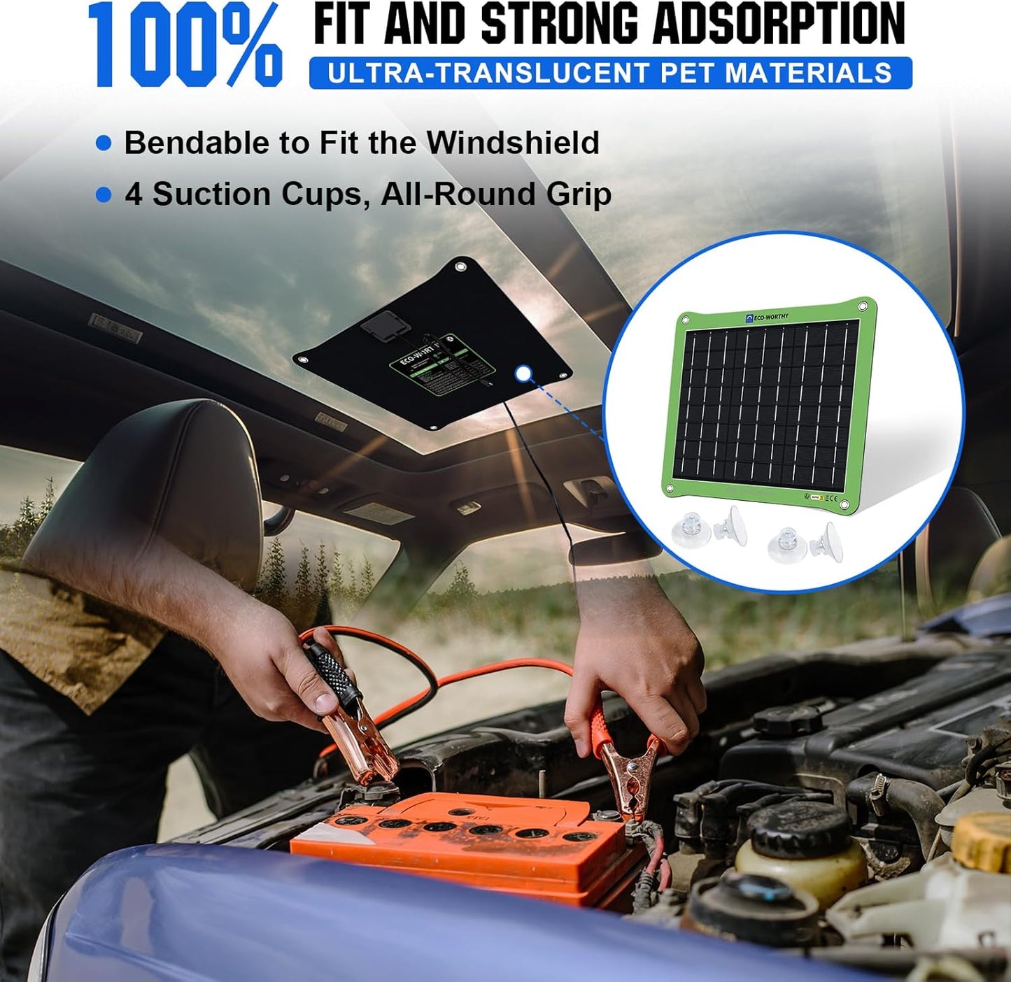 ECO-WORTHY Upgrade 7.5W Solar Car Battery Charger Maintainer 12V Waterproof Solar Panel Portable Solar Trickle Charger for Car Truck Boat Lawn Mower RV Trailer Tractor Utility Vehicle Battery