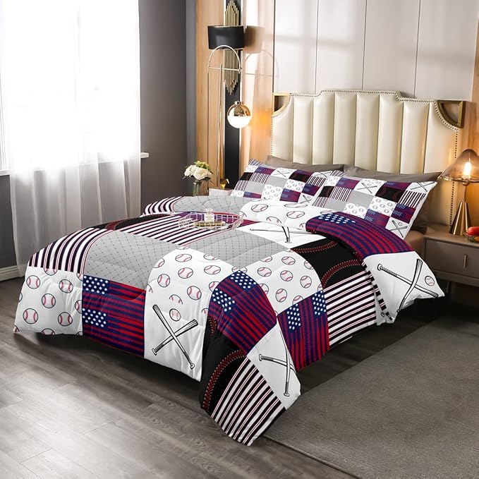 Boys Baseball Bedding Set Full Ball Games Sports Comforter Set for Kids Teens,Red Blue Abstract American Flag Bedding Comforter Set Patchwork Grey Grid USA Flag Quilt Duvet Set with 2 Pillow Cases