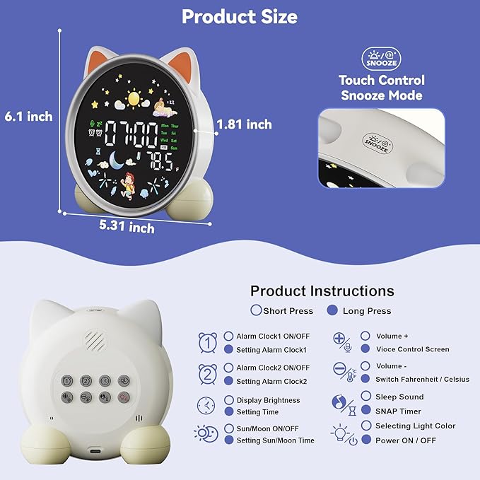 winshine Alarm Clock for Kids, OK to Wake Kids Alarm Clock, 5 Colors RGBW Night Light Dual Alarm Toddler Sleep Training Clock Stay-in-Bed Clock, Cute Clock Birthday Gift for Teen Boys Girls (Cat)…