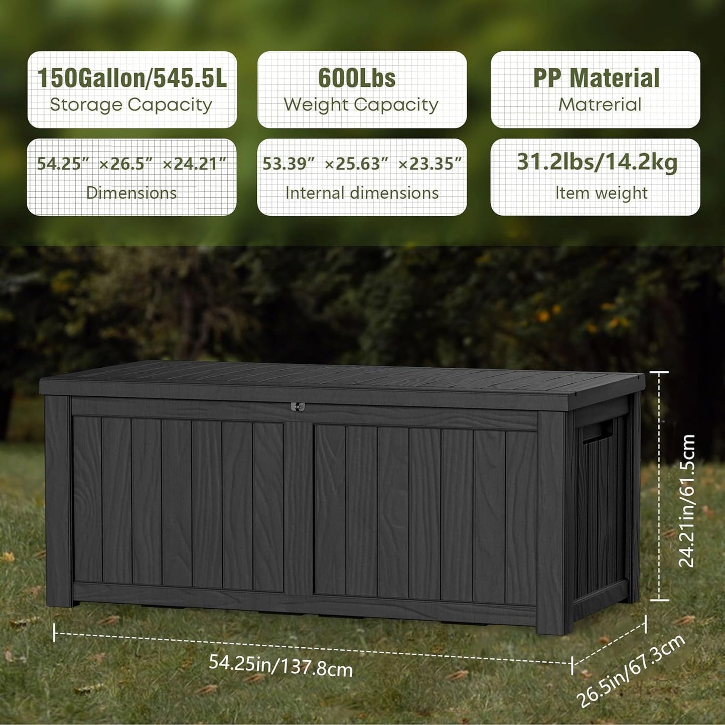150 Gallon Outdoor Storage Box Patio Deck Box Waterproof, Resin Lockable Outside Large Storage Bin for Pool Cushion Furniture, Garden Tools UV-Resistant, Black