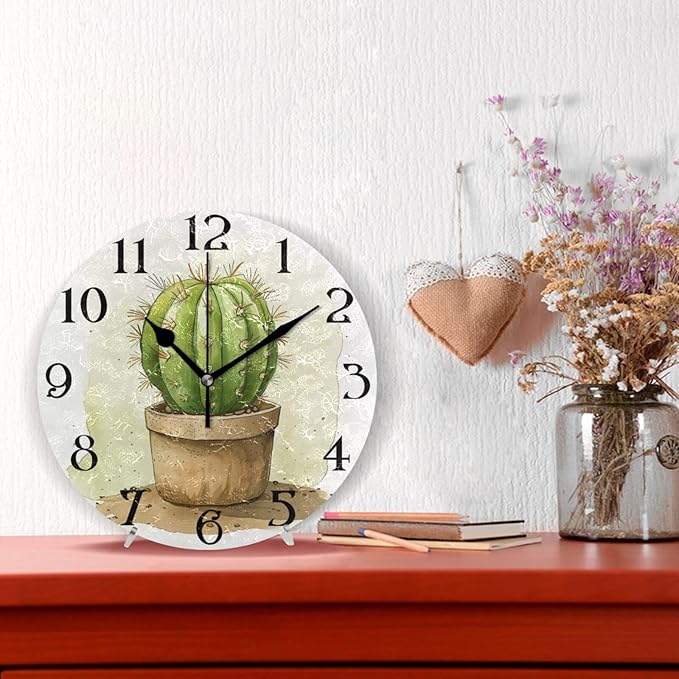 Cactus Tropical Plant Wall Clock Silent Non Ticking Kitchen Clock 9.5 Inch Round Bathroom Clock Battery Operated Quartz Analog Decorative Desk Clock Living Room Decor