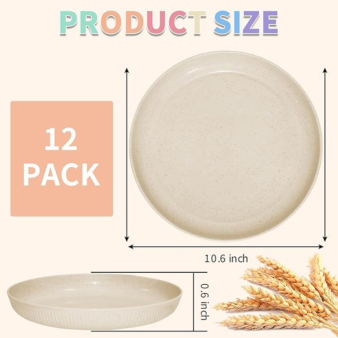 Wheat Straw Plates，9 inches Plastic Plates Set of 12, No BPAs and No Chemical Dyes (Beige)
