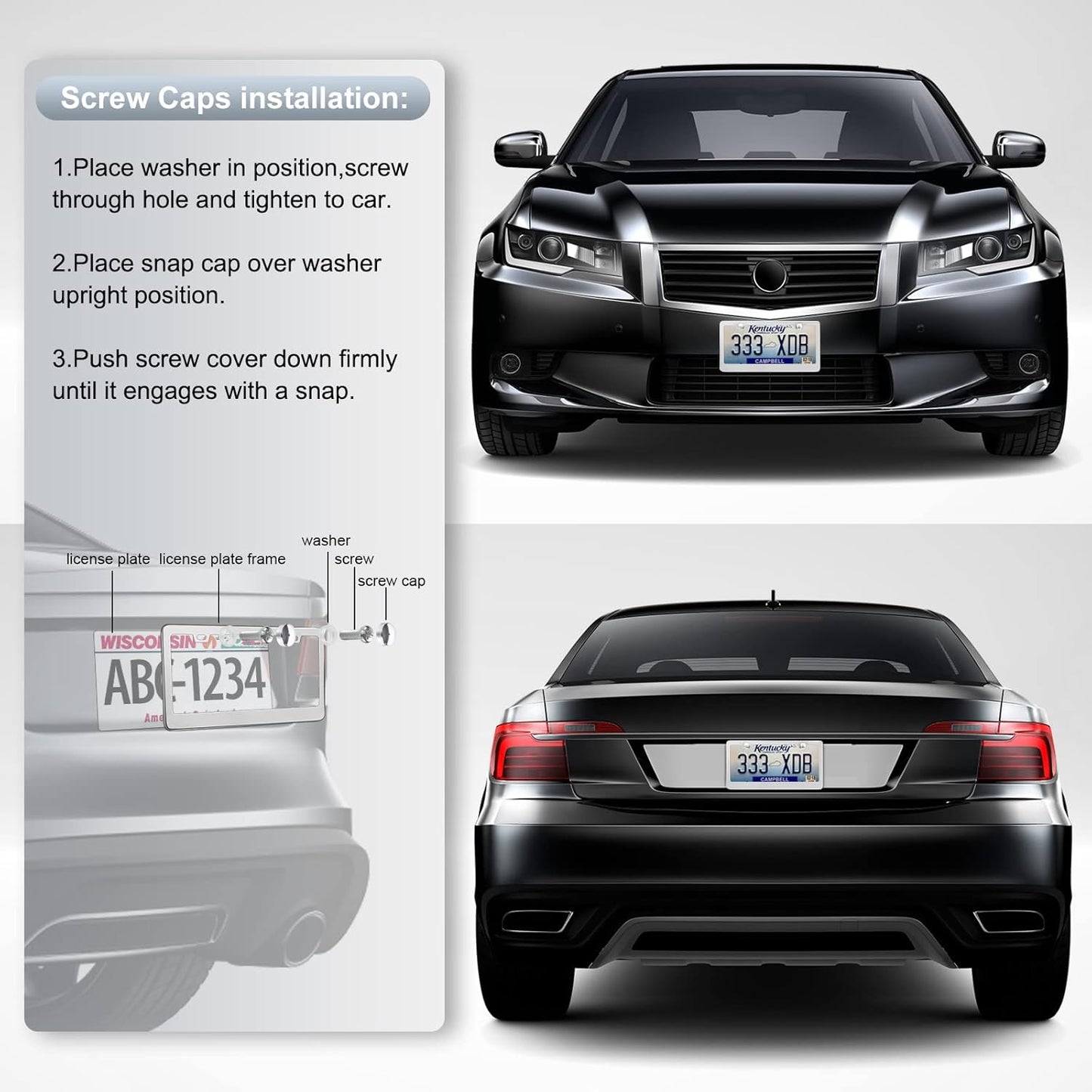 2 Pack License Plate Frames, Stainless Steel Car License Plate Cover Car Accessories with Screw Caps (Silver)